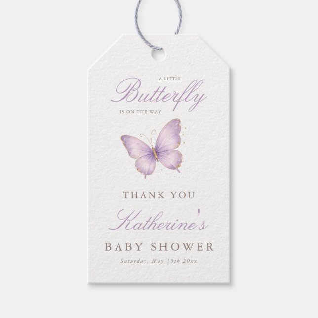 Lila Fjäril Tema Baby Shower Tack Gåva Presentetikett (Framsidan)