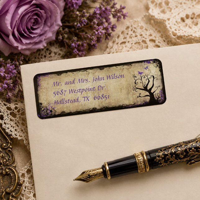 Lila Fjäril Träd Vintage Returadress Etikett (Purple Butterfly Tree Vintage Return Address Label)