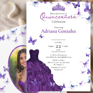 Lila Fjärilar Klänning Foto 15 XV Quinceanera Inbjudningar