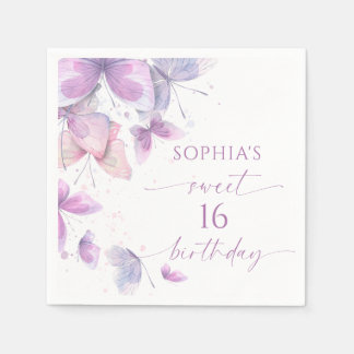 Lila fjärilar Sweet 16 födelsedagsfest Pappersservett