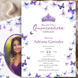 Lila Fjärilar Tiara Foto 15 XV Quinceanera Inbjudningar