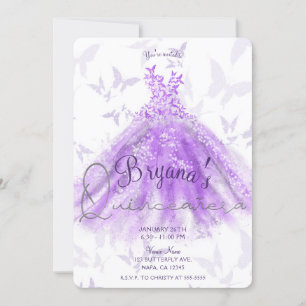 Lila fjärilsdanskjol Quinceañera 15 silver Inbjudningar