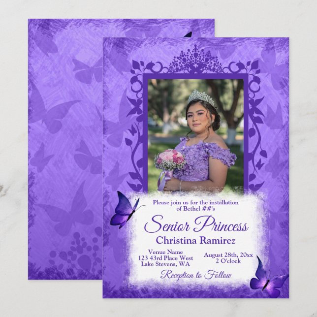 Lila Fjärilsgräns Hedrad Drottninginstallation Inbjudningar (Fram/baksida)
