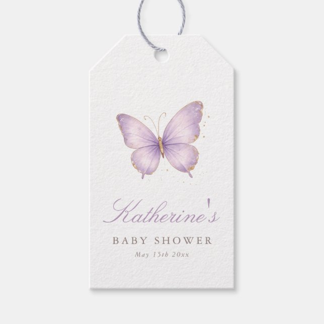 Lila fjärilstema Baby Shower Tack Favor Presentetikett (Framsidan)
