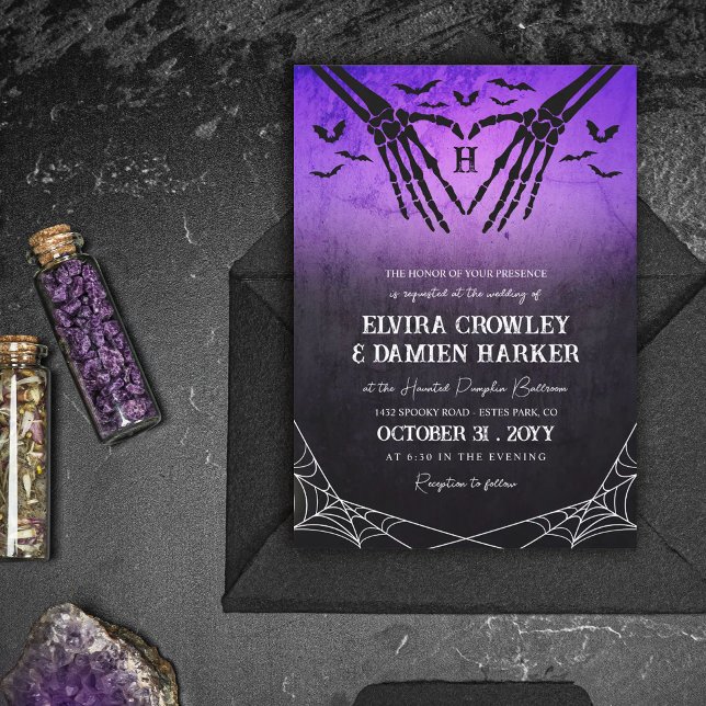 Lila fladdermöss Skelett Hjärtat Goth Halloween Br Inbjudningar (Skapare uppladdad)