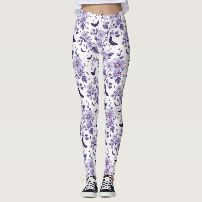 Lila Fladdermus och Flowers Halloween Leggings (Framsida)