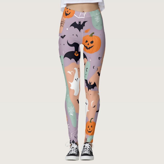 Lila Fladdermus och Pumpkin Spooky Roligt Hallowee Leggings (Framsida)