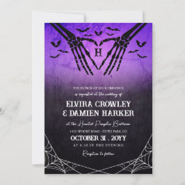 Lila Fladdermus Skeleton Heart Goth Halloween Bröl Inbjudningar