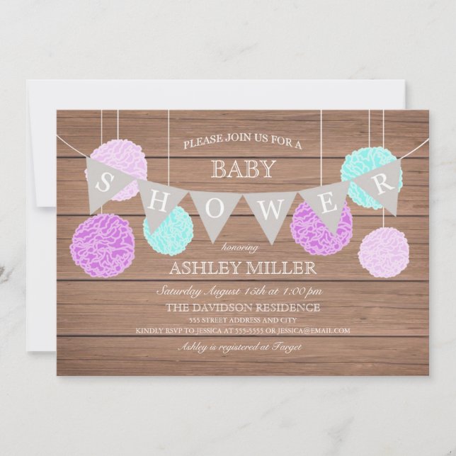 Lila Flaggor in Fluffs - Babykläder inbjudan (Framsida)