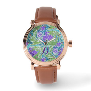 LILA FLEUR DE LIS,GRÖNT LÖV AQUA BLUE BLOMMIGT ARMBANDSUR