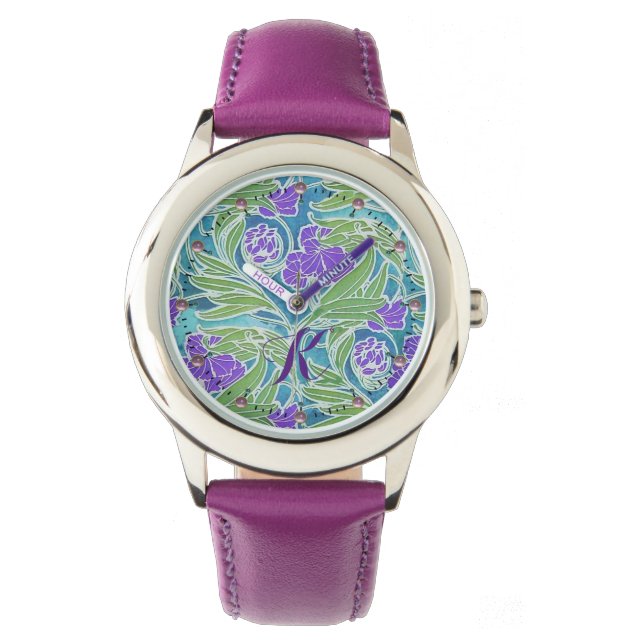 LILA FLEUR DE LIS,GRÖNT LÖV AQUA BLUE BLOMMIGT ARMBANDSUR (Framsida)