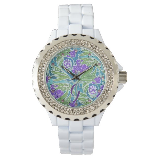 LILA FLEUR DE LIS,GRÖNT LÖV AQUA BLUE BLOMMIGT ARMBANDSUR (Framsida)