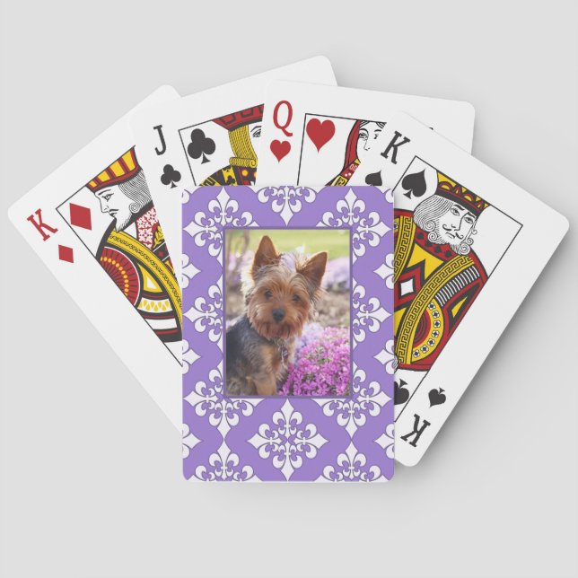 Lila Fleur de Lis-kort som ska anpassas med foto Kortlek (Baksidan)