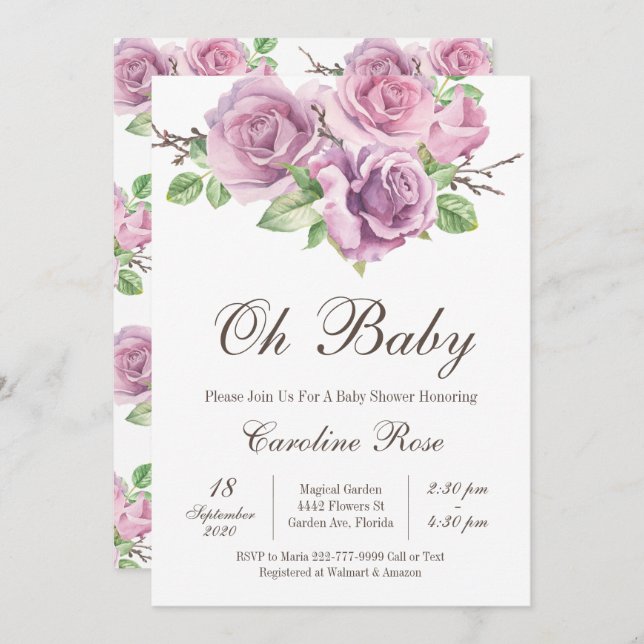 Lila Flicka Shower-inbjudningar, Lila Flower Inbjudningar (Fram/baksida)