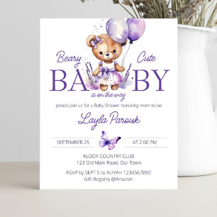 Lila flicka teddybjörn baby shower inbjudan