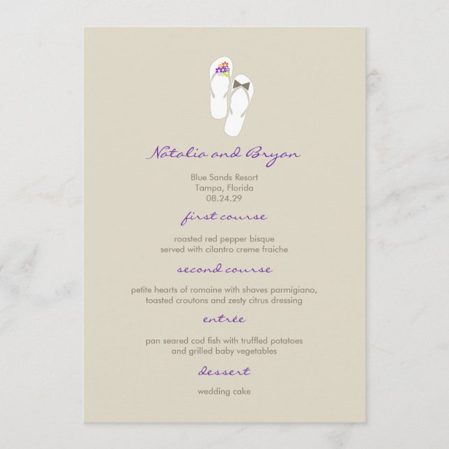Lila Flinflip flops Beach Wedding Menu Card Meny (Framsida)