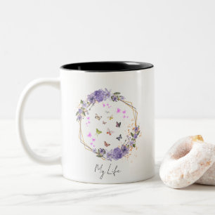 Lila Flower Blommigt Butterflies Mönster Mitt liv Två-Tonad Mugg