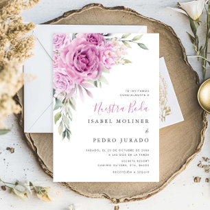 Lila Flower Bouquet Nuestra Boda Bröllop Spanien Inbjudningar