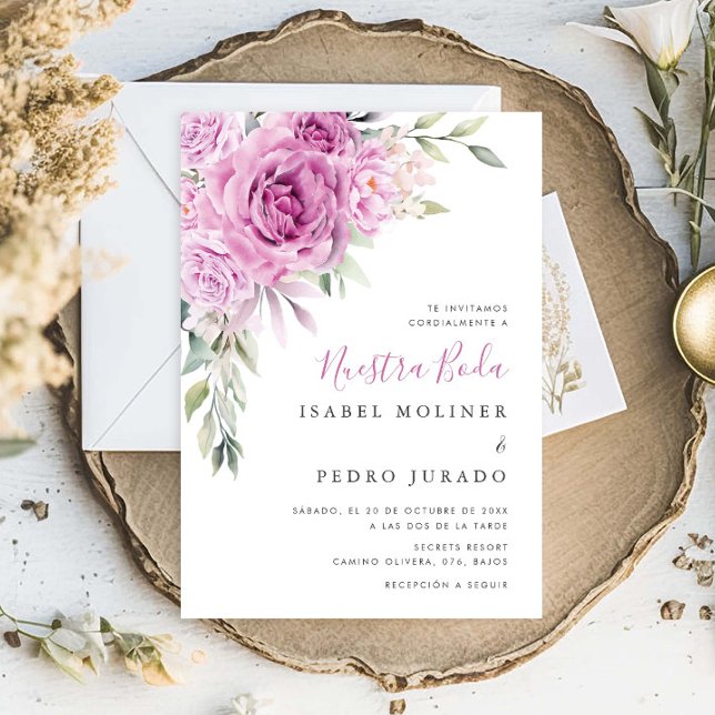 Lila Flower Bouquet Nuestra Boda Bröllop Spanien Inbjudningar (Skapare uppladdad)
