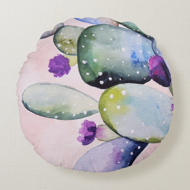 Lila Flower Cactus (Nopal) Rund Kudde (Framsidan)