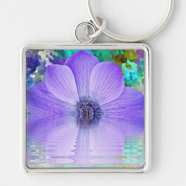 Lila Flower Fyrkantig Silverfärgad Nyckelring (Framsidan)