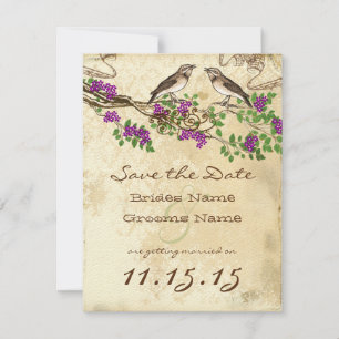 Lila Flower Gren Vintage Birds Bröllop OSA Inbjudningar