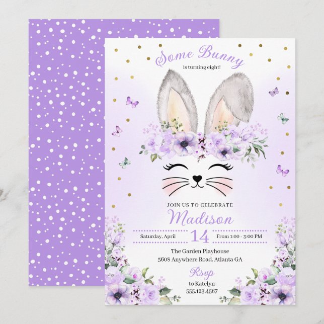 Lila Flower Krona Bunny Öron Påsk Inbjudningar (Fram/baksida)