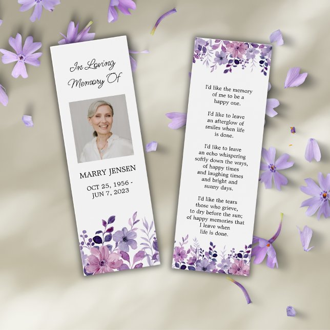 Lila Flower Photo Funeral Memorial Bookmark Litet Visitkort (Skapare uppladdad)