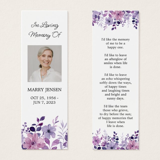 Lila Flower Photo Funeral Memorial Bookmark Litet Visitkort (Framsida & baksida)