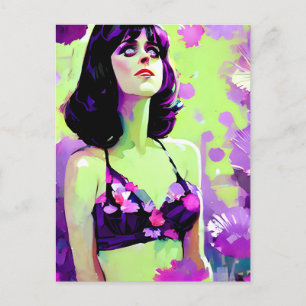 Lila Flower Power Retro Woman-målning Vykort