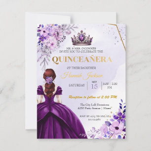 Lila Flower Princess Dress Quinceanera Inbjudningar