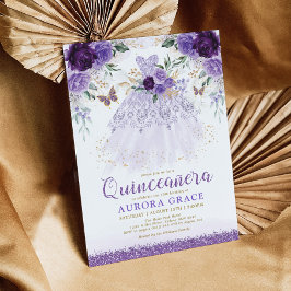 Lila Flower Quinceañera Princess Dress Butterfly Inbjudningar