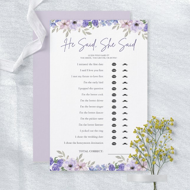 Lila Flower sa att hon sa Möhippa Game (Purple Flower He Said She Said Bridal Shower Game)