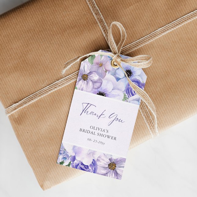 Lila Flower Script-Möhippa, Tack Presentetikett (Purple Flower Script Bridal Shower Thank You Gift Tags)