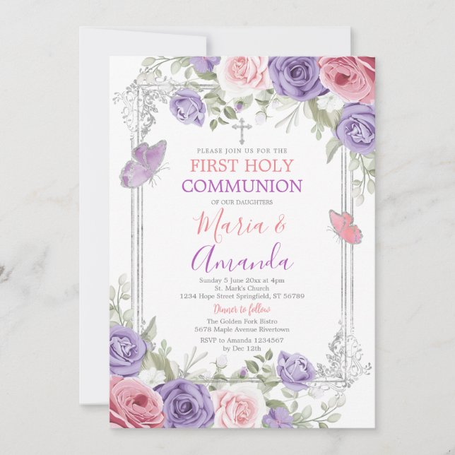 Lila Flower Silver Kor Rosa 1:a Heligan Kommunisio Inbjudningar (Framsida)