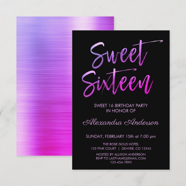 Lila Foil and Black Sweet sixteen Birthday Inbjudningar (Fram/baksida)
