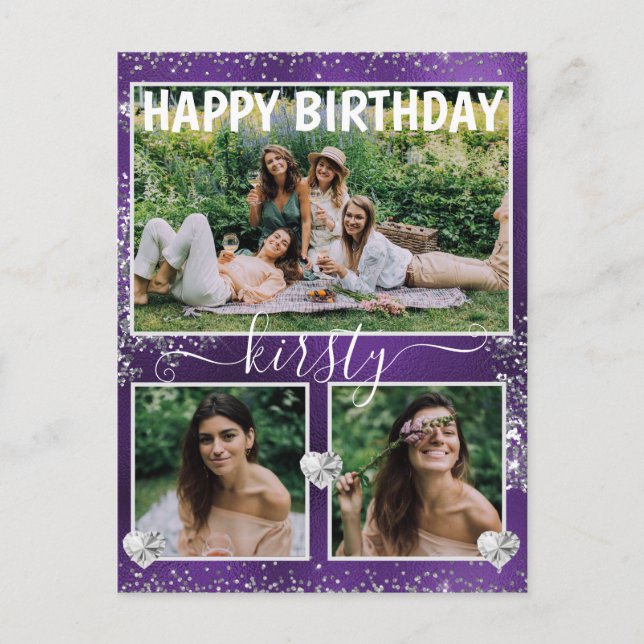 Lila Foil & Silver Glitter 3 Photo Birthday Vykort (Framsida)