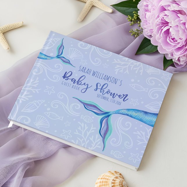 Lila för  av Sjöjungfru för vattenfärg - babykläde Gästböcker (Iridescent Watercolor Mermaid Purple Baby Shower Guest Book)