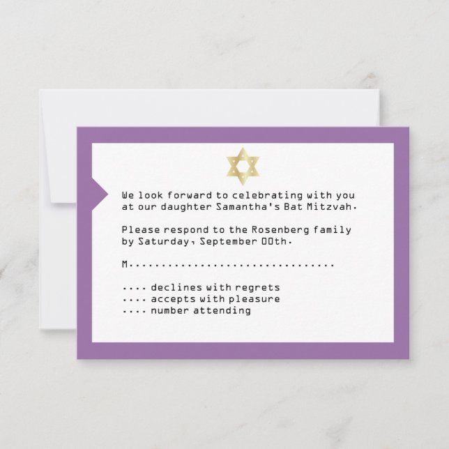 Lila för Bat mitzvah OSA-svarskort i Biljett OSA Kort (Framsida)