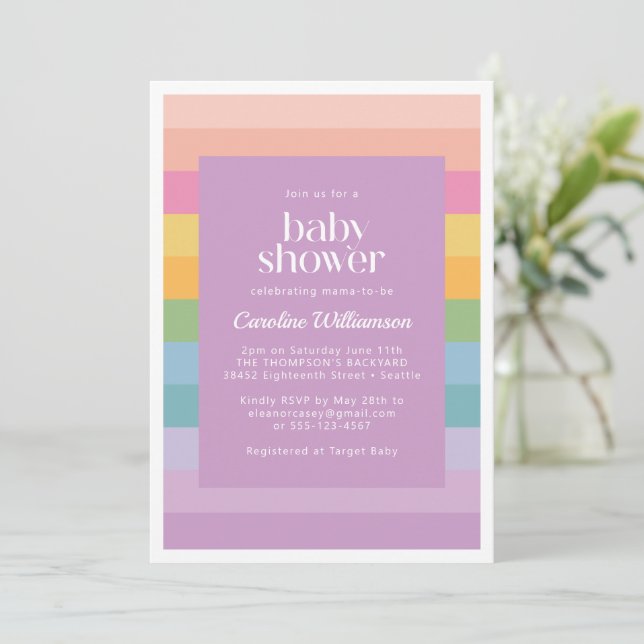 Lila för Bright Pastel Rand Rainbow Baby Shower Inbjudningar (Stående Fram)