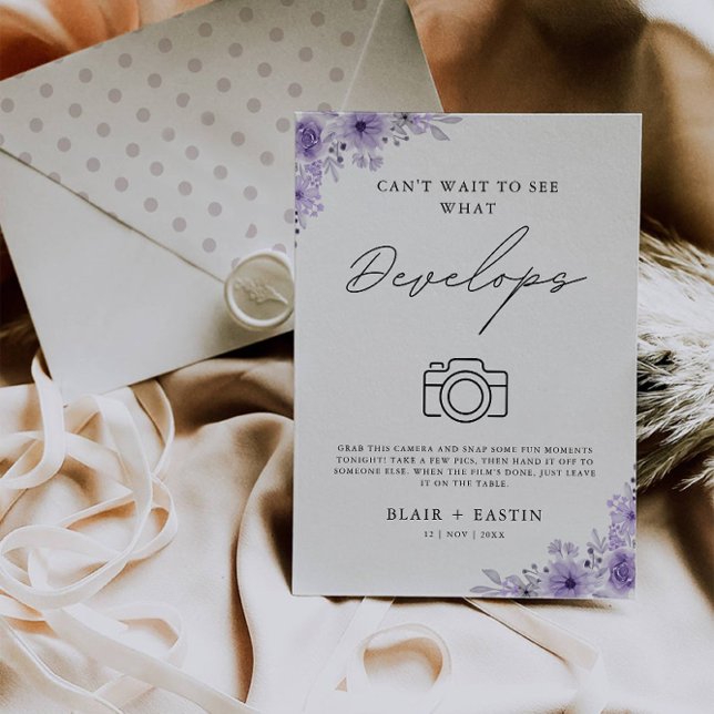 Lila för bröllop-engångskamerans signering inbjudningar (Wedding Disposable Camera Sign Purple Develops Invitation)