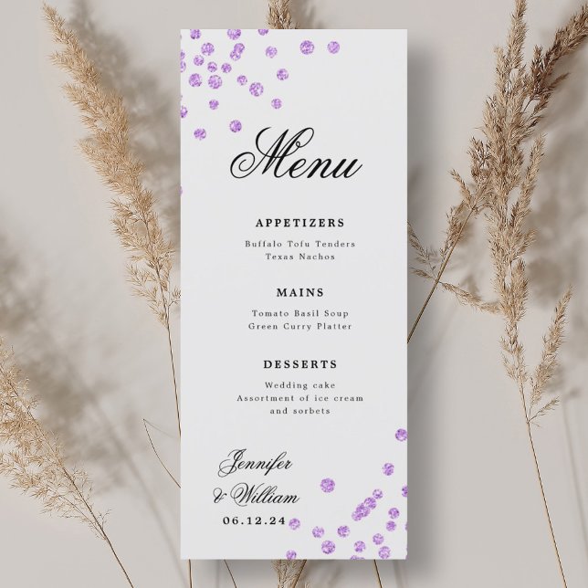 Lila för Bröllop-konfetti med romsk skript Meny (Romantic Script Wedding Confetti Purple Menu)