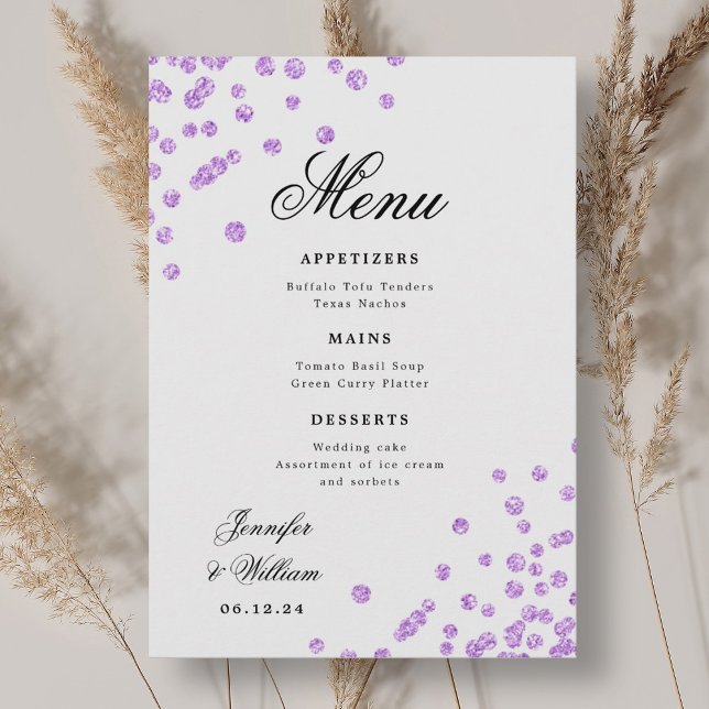 Lila för Bröllop-konfetti med romsk skript Meny (Romantic Script Wedding Confetti Purple Menu)