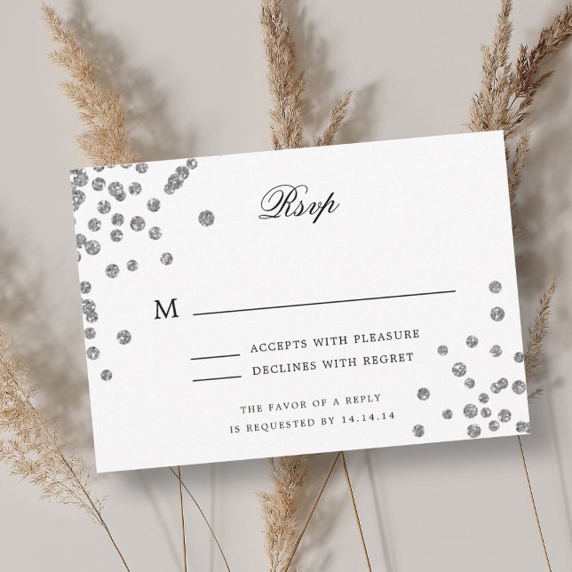 Lila för Bröllop OSA-konfetti i elegant Silver OSA Kort (Elegant Script Wedding RSVP Silver Confetti Purple)