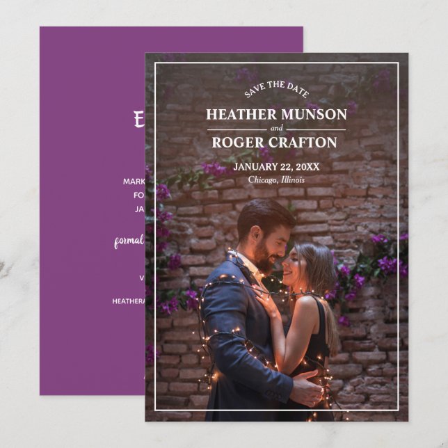 Lila för enkel Förlovning Foto Spara datum Datumet (Fram/baksida)