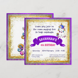 Lila för färggrann Glitter Unicorn Inbjudningar