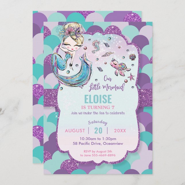 Lila för Födelsedagsfest av vimmelklon-Sjöjungfru Inbjudningar (Fram/baksida)