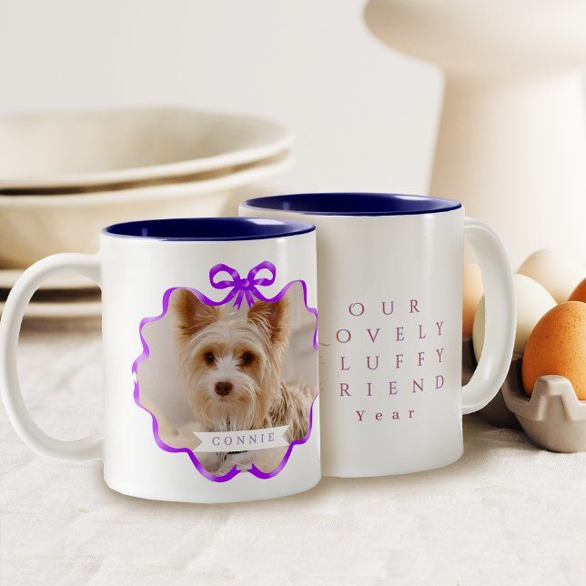 Lila för foto till foto på band-band Två-Tonad mugg (Bow Ribbon Pet Memory Photo Purple Two-Tone Coffee Mug)
