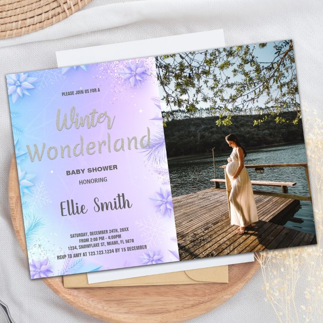 Lila för inbjudningar till Vinterbabyskor med foto (Winter Baby Shower Invitations Purple with Photo)