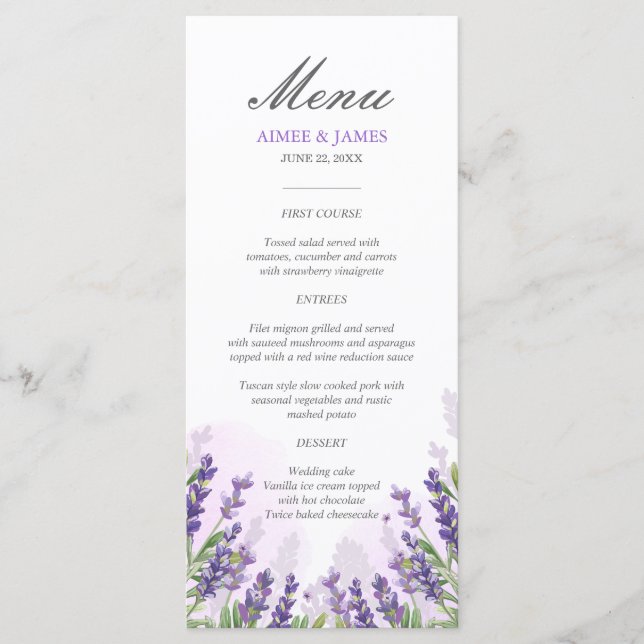 Lila för Lavender Bröllop Menu Elegant  Blommigt D Meny (Framsida)